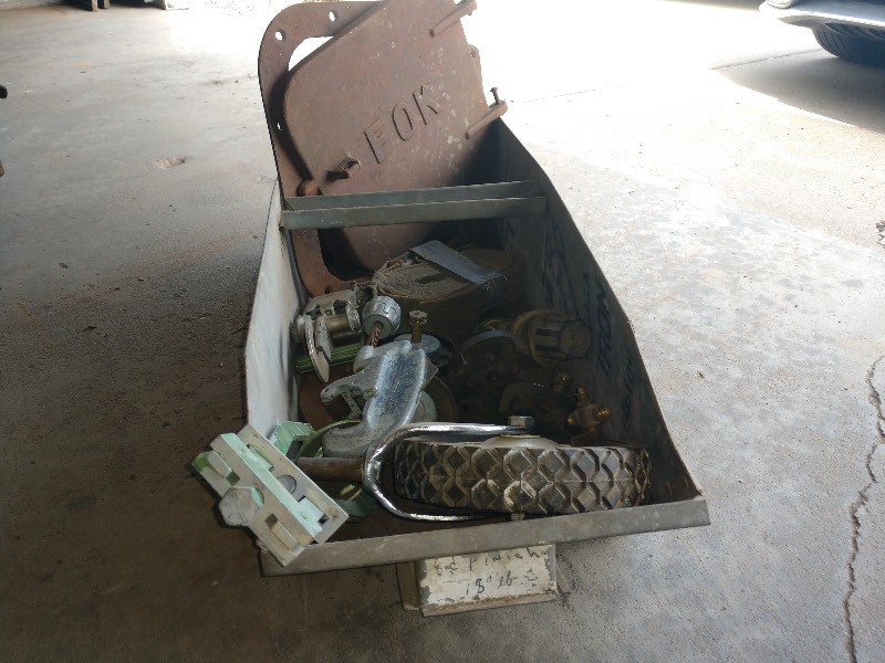 lot 119 image: Galvanized Steel Parts Bin, Antique Cast Iron FOK Stove Door, and Industrial Items