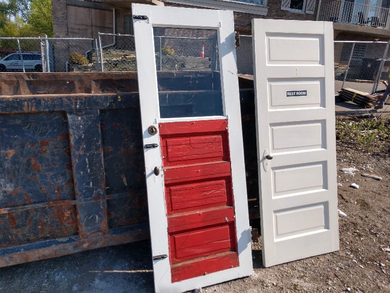 lot 124 image: Antique Solid Doors w Ornate Brass Hinges and Skeleton Key Door Knob