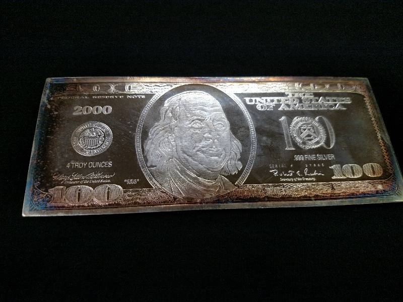 Four Ounce .999 Silver Bar, $100 Do...