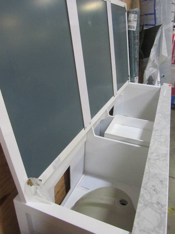 lot 27 image: Virtu USA Caroline 72 in. W x 36 in. H Vanity with Marble Vanity Top in Carrara White with White Round Basin and Mirror in White