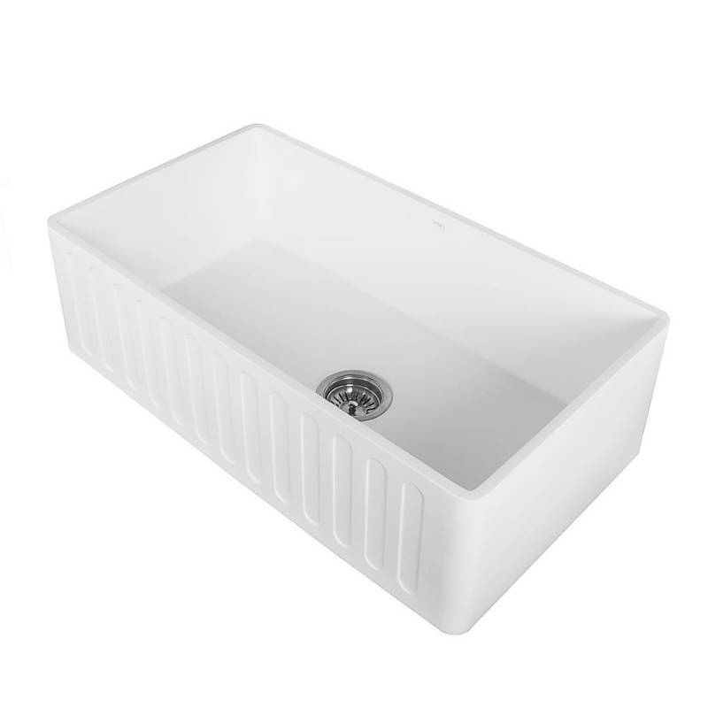 lot 62 image: Vigo Farmhouse Reversible Apron Front Matte Stone 33 in. Single Bowl Kitchen Sink in White