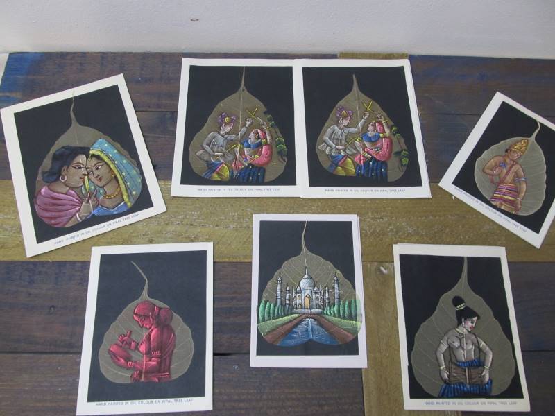 lot 140 image: Vintage Hand Painted Peepal Leaf Paintings