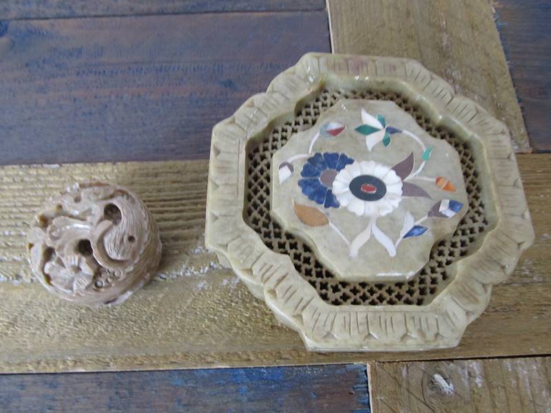 lot 149 image: 2 Vintage Carved Stone Trinket Boxes
