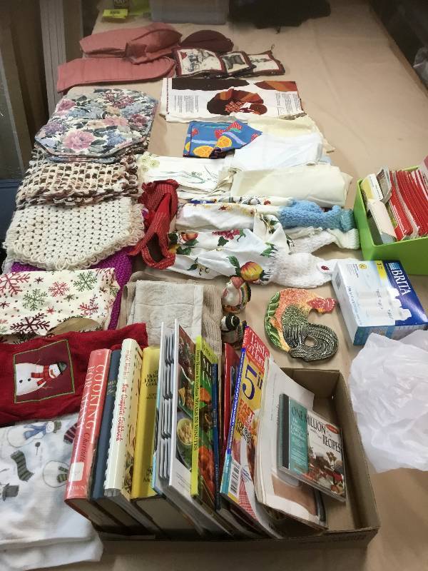 Kitchen Items- Holiday Towels, Place Mats, Oven Mitts, Two Brita Filters, Cook Books,