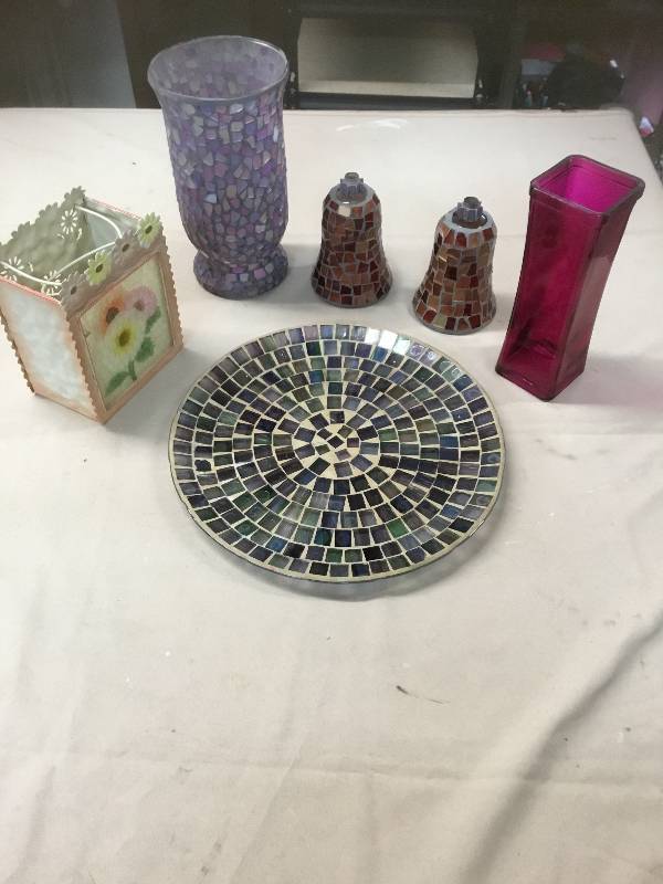 Hand Decorated Pottery - Vase, Plate, Old Candle Holders - Pink Vase and Candle Holder