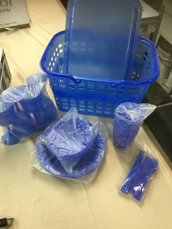 Blue Plastic Picnic Basket with dishes for 4