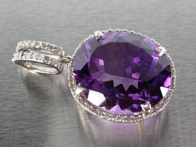 lot 42 image: Natural Amethyst and Diamond Pendant in 14k Gold - $2795 Retail