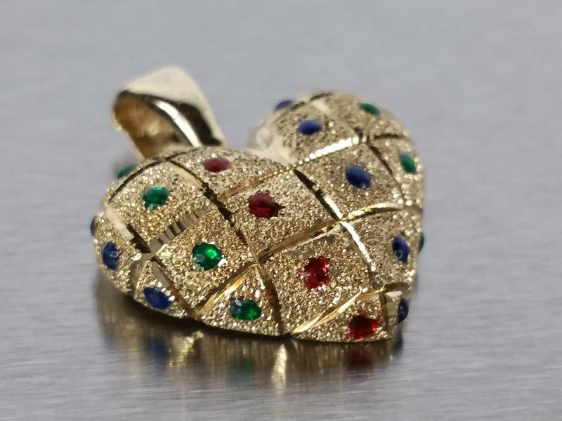 lot 62 image: Emerald, Ruby, and Sapphire Pendant in 14k Gold
