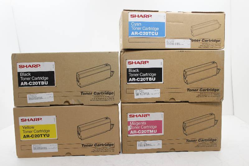 lot 6 image: Lot of 5 Sharpe toners 2 black AR-C20tBU, 1 yellow AR-C20TYU, 1 Magenta AR-C20TMU, 1 Cyan AR-C20TCU