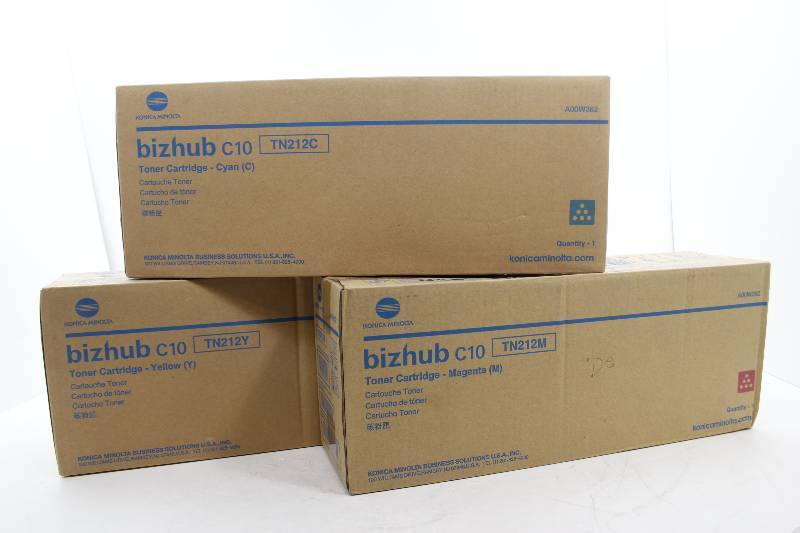 lot 7 image: Lot of 3 Konica Minolta toner 1 Cyan (TN212C), 1 Yellow (TN212Y), 1 Magenta (TN212M)