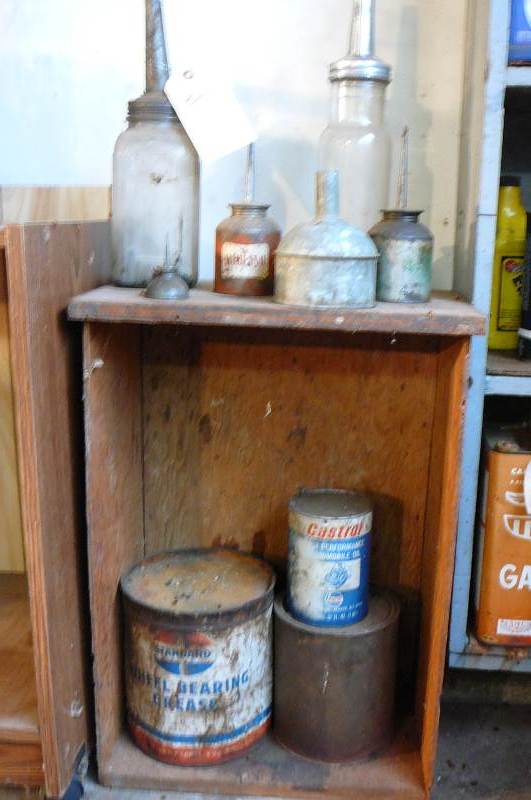 lot 3 image: Vintage oil cans, Oil fill bottles, Funnels, Grease, Wood Box