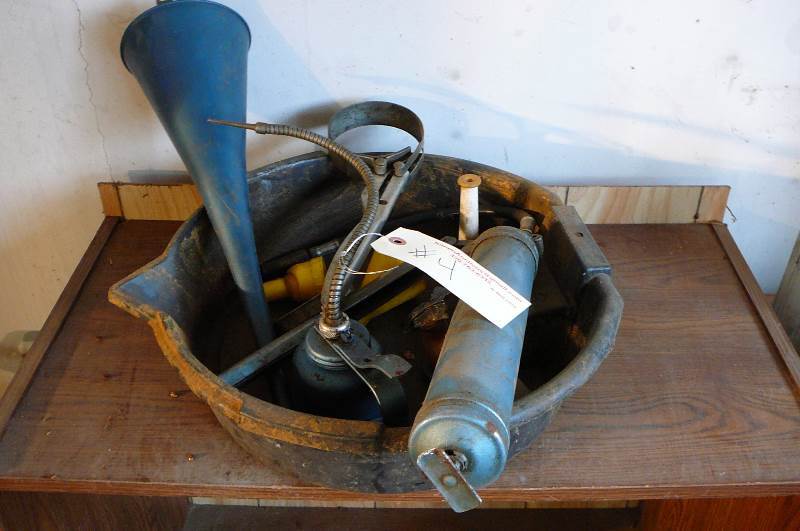 lot 4 image: Automotive, Oil Pan, Grease gun, Filter wrench, Funnel