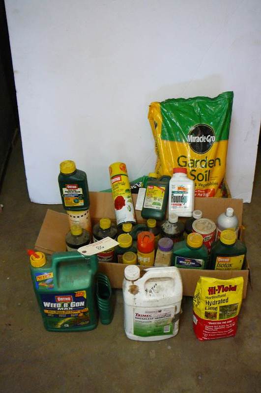 lot 86 image: Lawn & garden soil, Hydrated lime, Isotok, weed B Gone, Round up, Daconil, Rose Pride, Broadleaf Herbicide, & more