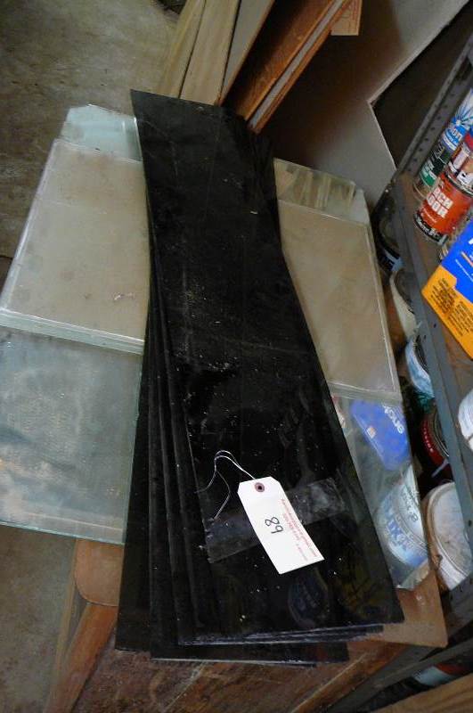 lot 89 image: Lot of glass, 5-pc Dark glass 8 12 x 42 12, 3pieces glass 17 34 x 24, Mirror 36 x 24