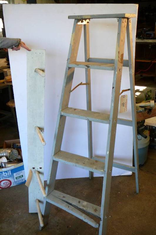 lot 97 image: 56 Wooden step ladder , 4 Hook hanging rack