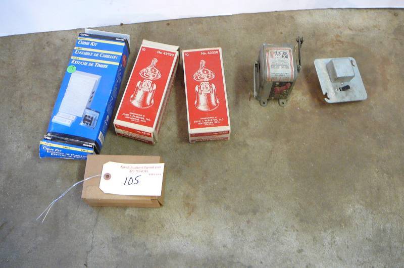 lot 105 image: Chime kit new in box, vintage electrical fittings 2 boxes, vintge phone bell