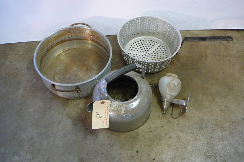 lot 113 image: Deep frying basket and pan, tea pot, soap dispenser