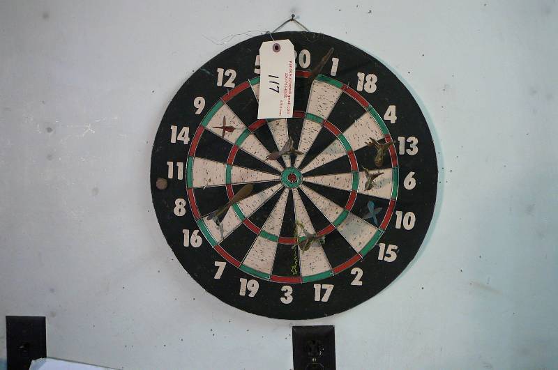 lot 117 image: Vintage 2 sided dart board 18 tall with darts