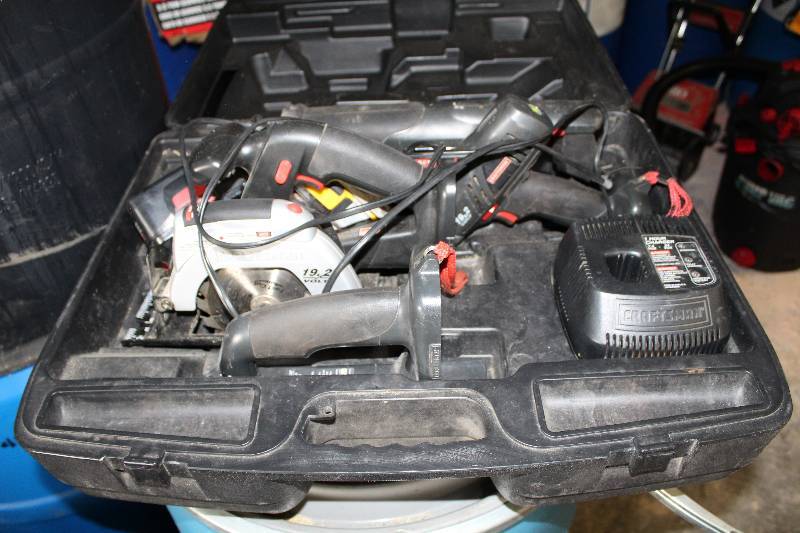 lot 15 image: Craftsman 19.2V Cordless Tool Set w Case - Light, 12in. Drill, Reciprocating Saw, 5.5in. Trim Saw, Battery, Charger