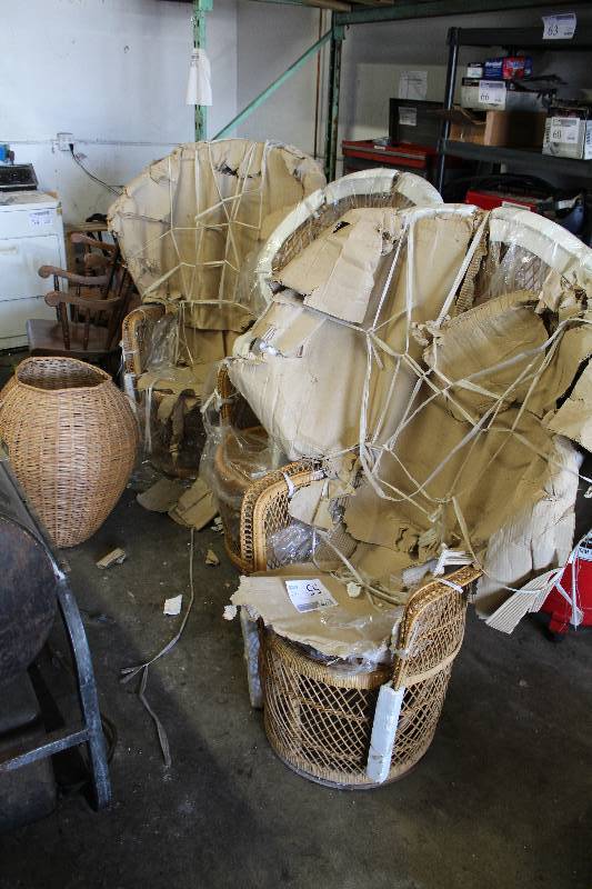 lot 55 image: Lot of (3) Wingback Wicker Chairs w Basket