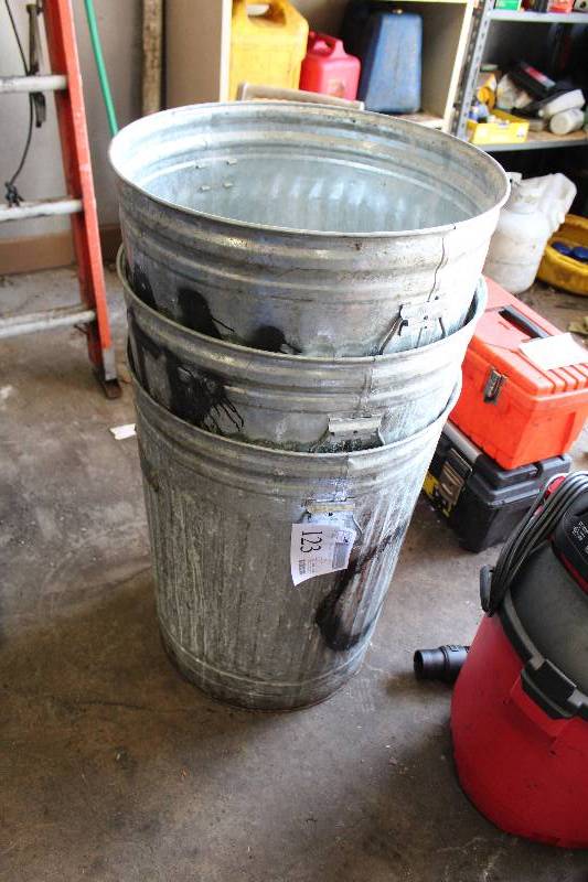 lot 123 image: Lot of (4) 30-Gallon Aluminum Trash Cans wo Lids