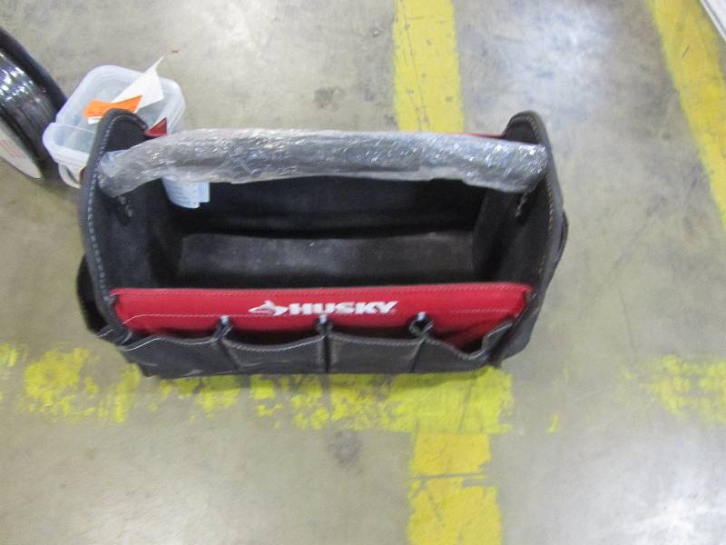 lot 91 image: Husky 15 in. Tool Tote, Westinghouse 75 ft. 18-Gauge Low Voltage Cable, Backer-On #9 x 1-14 in. Serrated Head Star Drive Cement Board Screws (750-Pack)