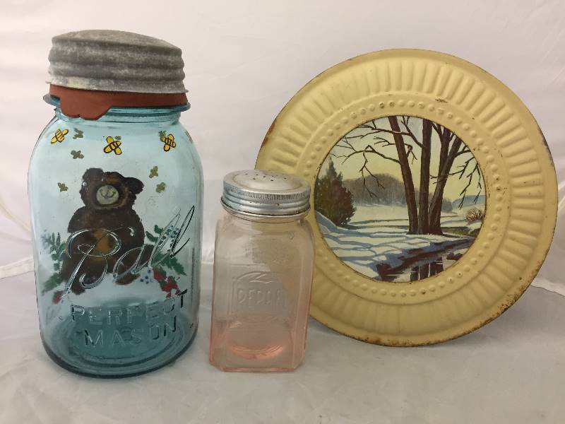 lot 50 image: Blue Ball Jar, Pink Depression Pepper, Fireplace Stove cover