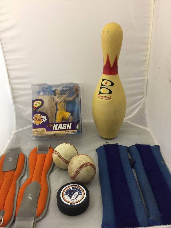 lot 66 image: Sports - Vintage Bowling pin, Nash Figure, Weights, Baseballs, Puck