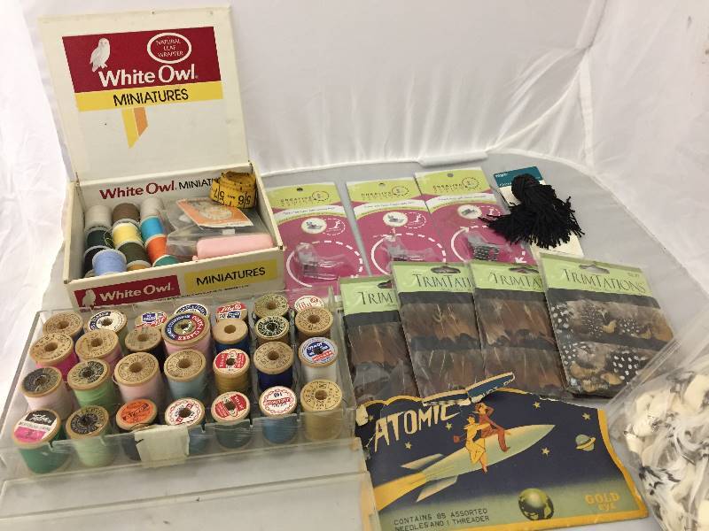 lot 83 image: Sewing Supplies - Thread, Sewing Machine Feet, Feathers, more