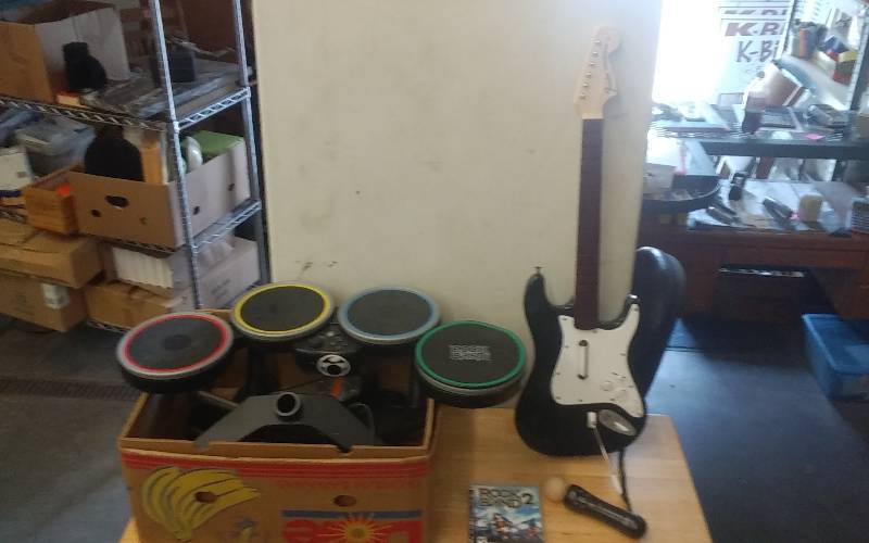lot 46 image: Playstation 3 Rock Band Drums, Guitar, Game, Controller