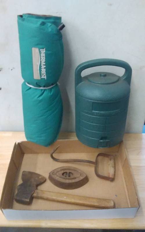lot 28 image: Therma-Rest Air Mattress, Lantern Case, Old Hatchet, Iron & Hay Hook
