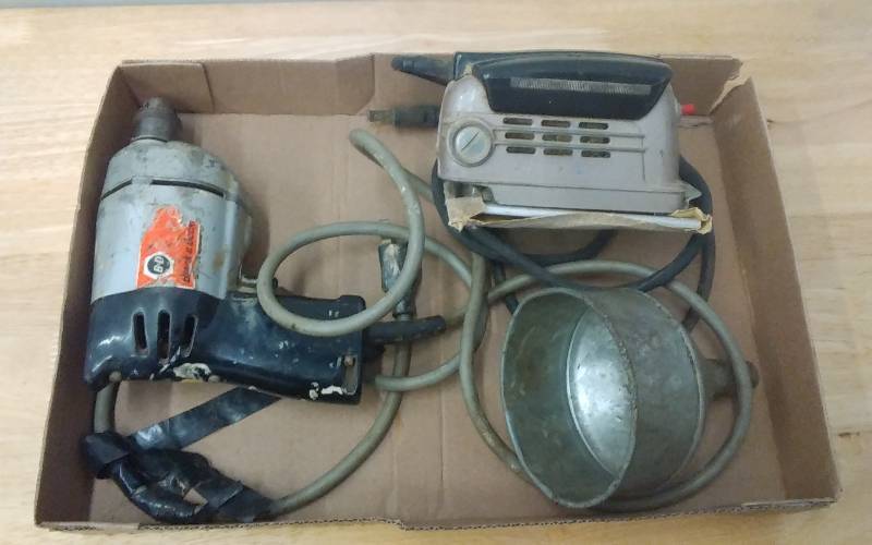 lot 27 image: Black & Decker 38 Drill, Palm Sander, Funnel