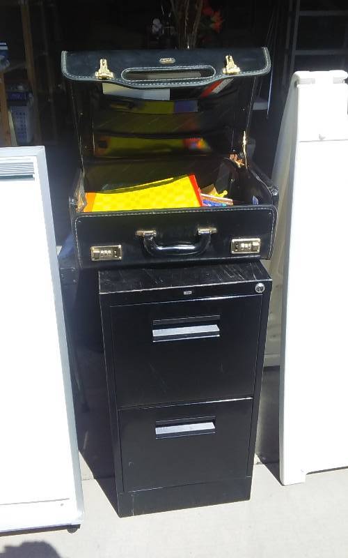 lot 20 image: HON 2-Drawer File, Easel With Paper Pad, Sign, Case Of Art Supplies