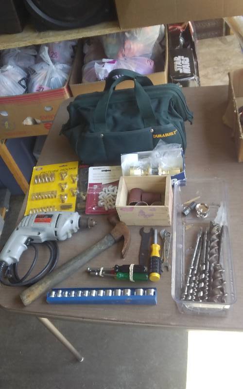 lot 23 image: Tool Pouch-Assorted Hand Tools, Sockets, Vintage Drill Bits, Skil Drill