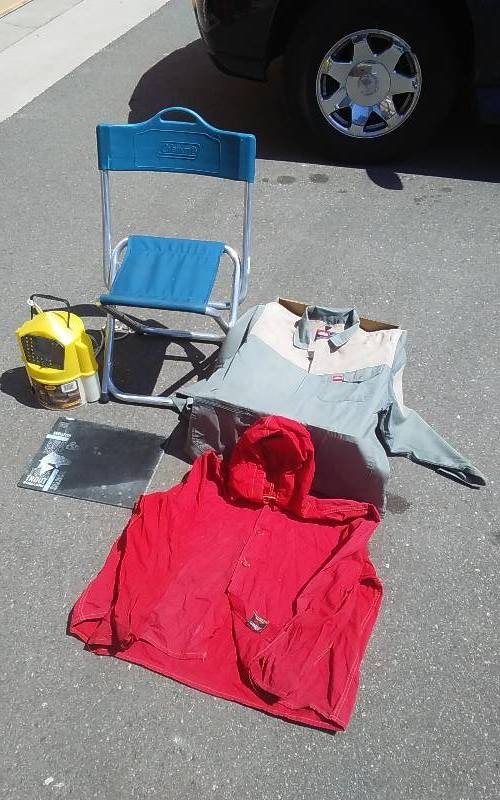 lot 31 image: Coleman Folding Chair, Minnow Pail, JC Higgins & Jonsson Fishing Jackets