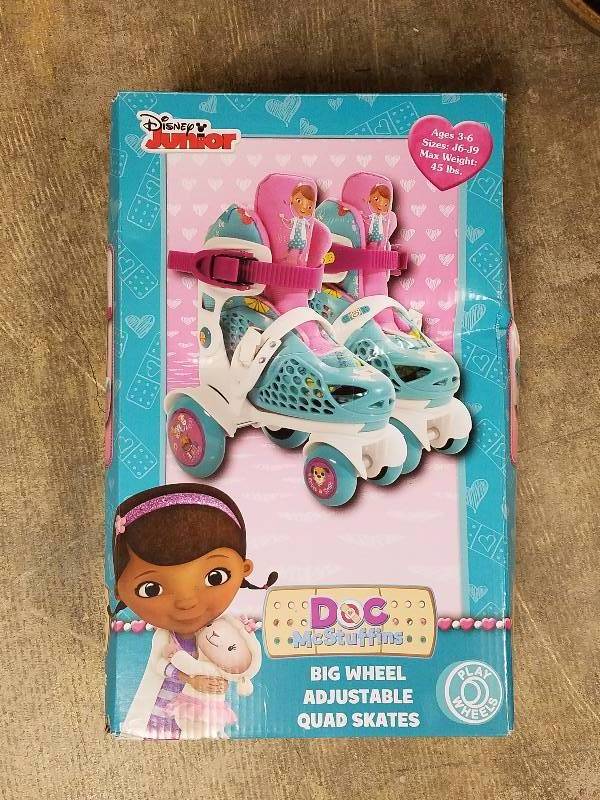 lot 489 image: Bravo Sports Playwheels Disney Doc McStuffins Kids Adjustable Big Wheel Quad Skates  Sizes 6-9