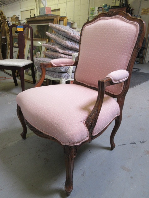 DARK WOOD UPHOLSTERED ARM CHAIR