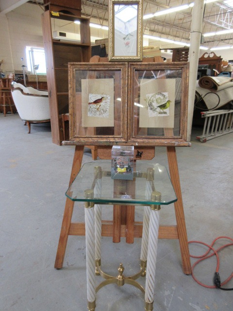 BRASS, GLASS TOP TABLE AND BIRD PRINTS