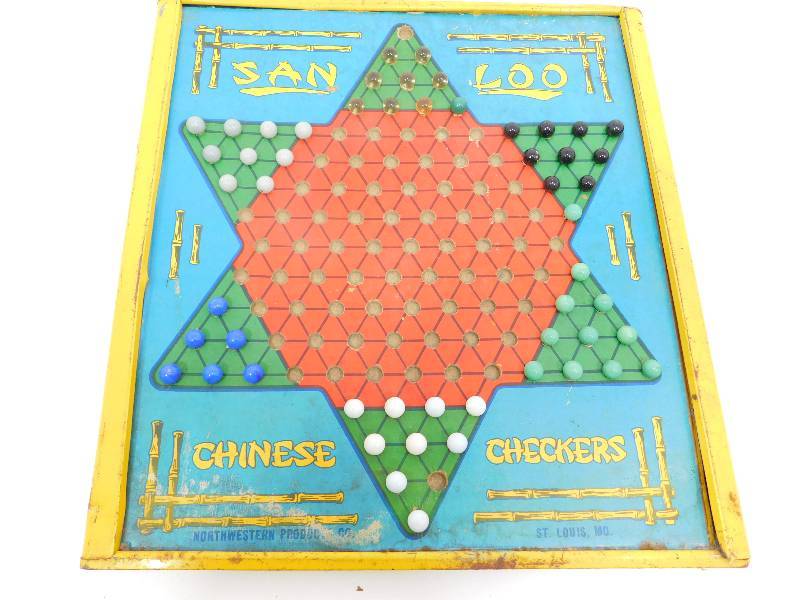 lot 44 image: Metal Chinese Checker Board W Marbles  & Flip Side Is Checker Board
