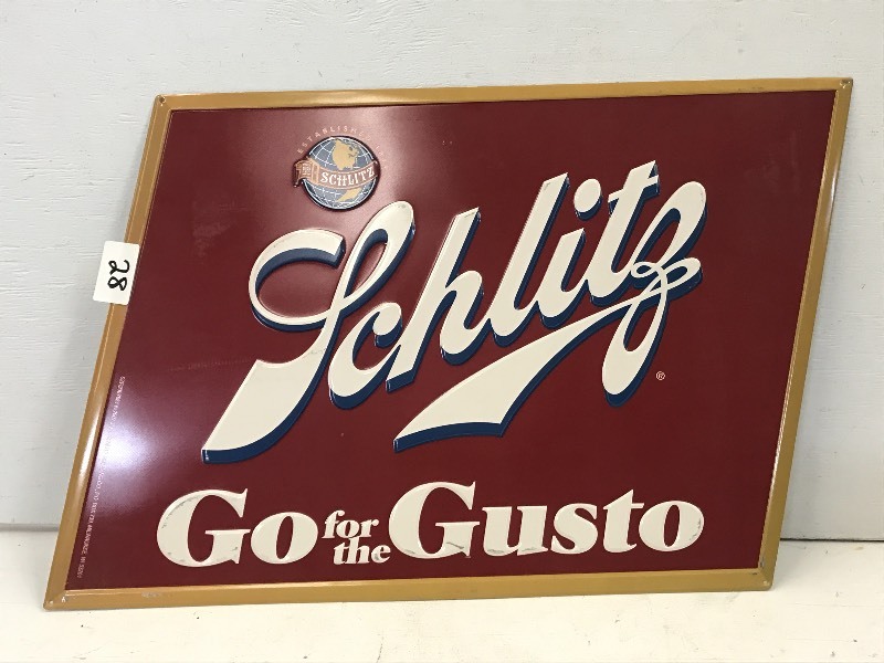 lot 28 image: Schlitz Beer Tin Sign, 20x28 ...