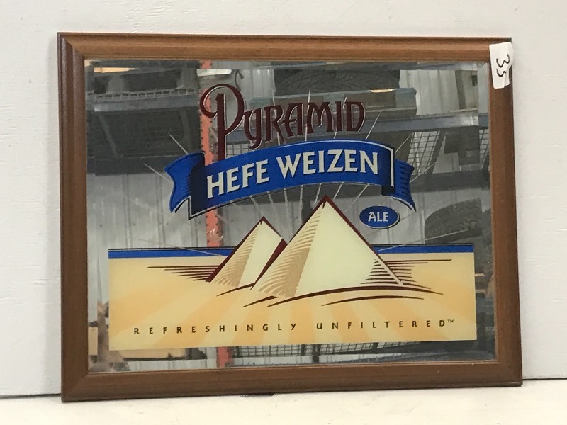 lot 33 image: Pyramid Mirrored Beer Sign, 20x25...