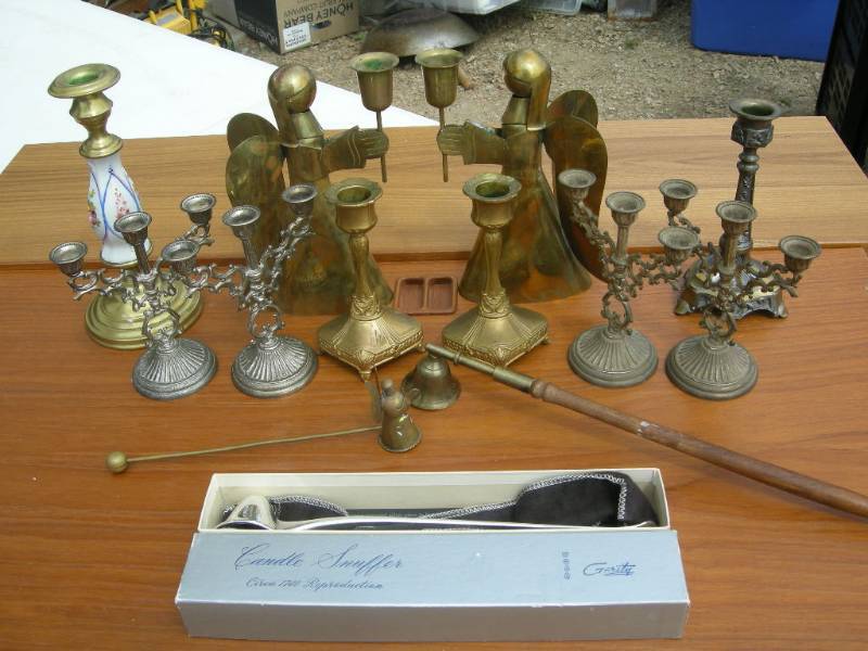lot 31 image: Vintage Metal Candlesticks, Candelabra, Snuffers