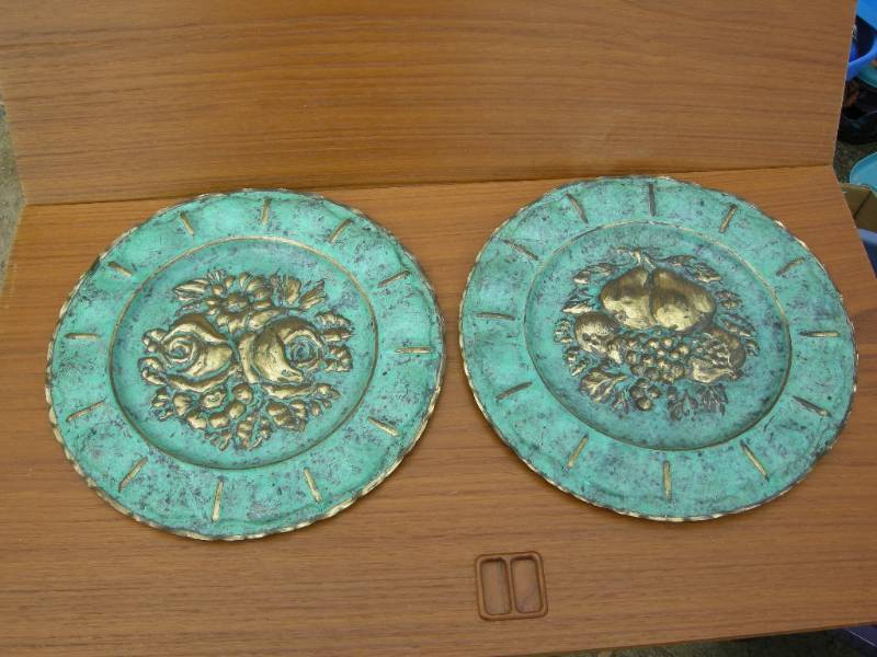 lot 62 image: 2 Vintage Patinaed Brass Hanging Platters