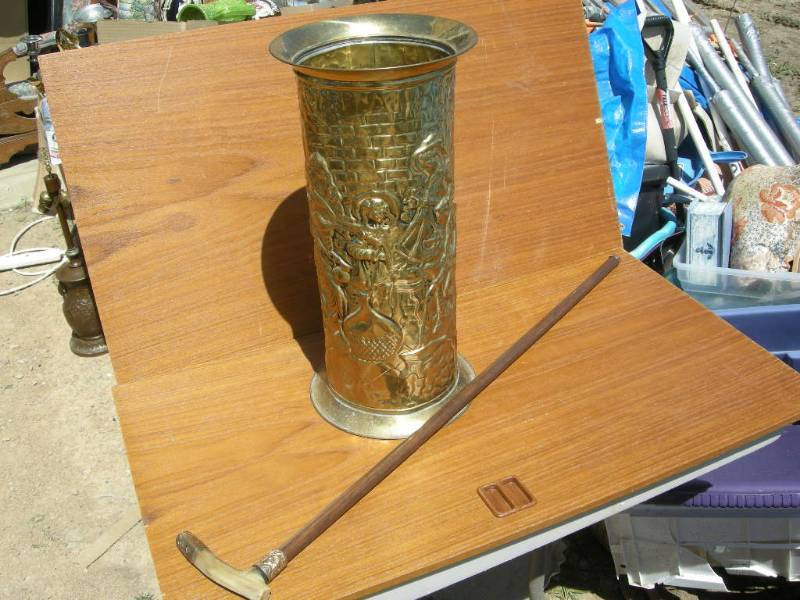 lot 130 image: Vintage Brass Embossed UmbrellaCane Stand and Cane