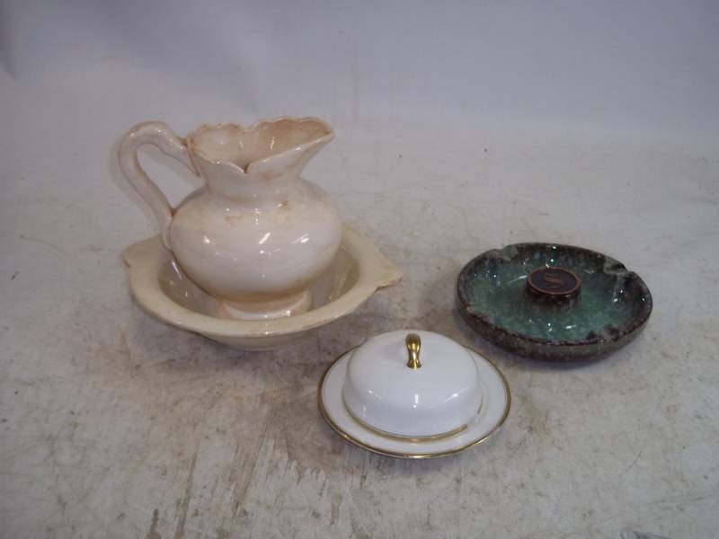 lot 5 image: Cal. Style Pitcher & Basin, Homer Laughlin Butter Dish & Hyde Park Ashtray