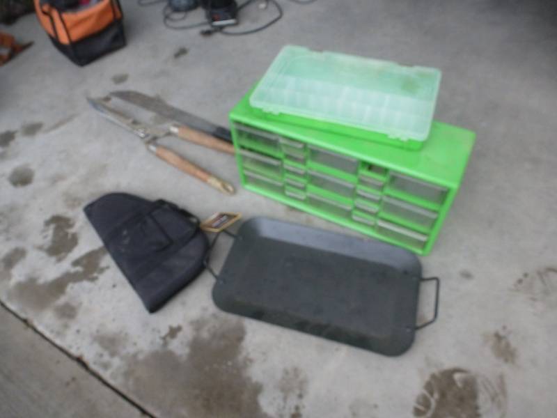 lot 99 image: Bolt Organizer, Pistol Case, Garden Shears, Machete