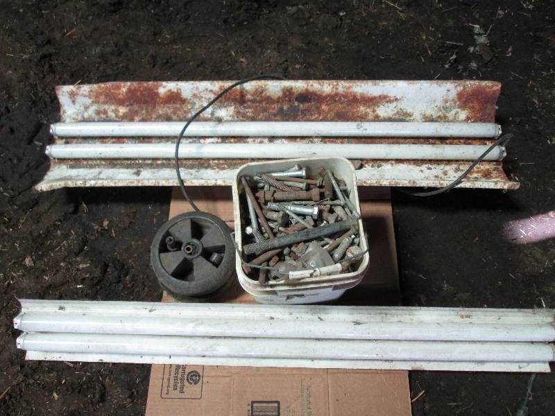 lot 155 image: pail of bolts and 2 light fixtures ...