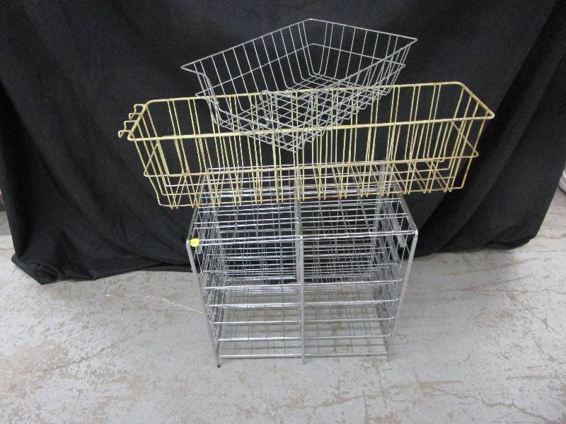 lot 123 image: 3 Metal Baskets 20 x 13 x 20High Cream 30 12 x 8  deep and 8 Tall, Small Metal 12 W x 16 12 D x 5 T