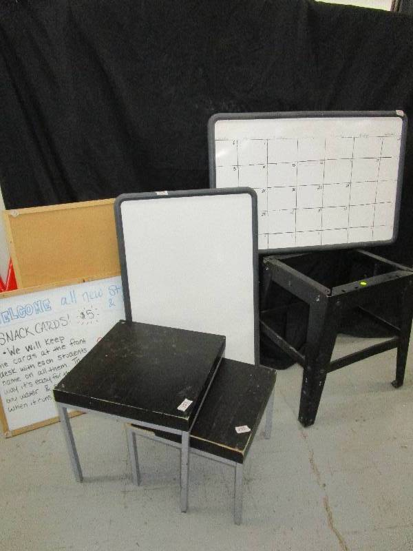 lot 155 image: 3 Dry erase Boards, 1 Note Board and a Metal Saw Stand and 2 Nesting Tables