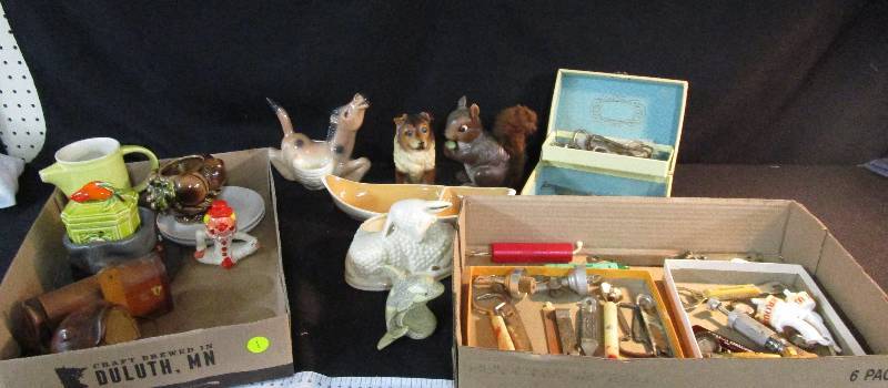 lot 1 image: Box full of beer openers and misc ceramics